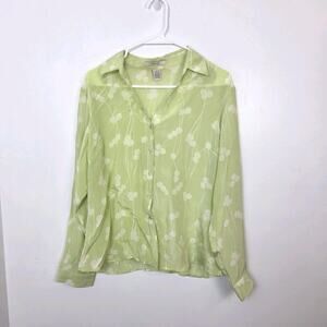 Merona Light Green White Patterned 100% Silk Y2K Long Sleeve Spring Blouse Sz XL